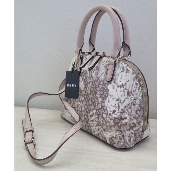 DKNY R14DYD08 Tan/Brown Sig. Logo Allover Print Catherine Dome Satchel Bag $178 - Picture 5 of 9